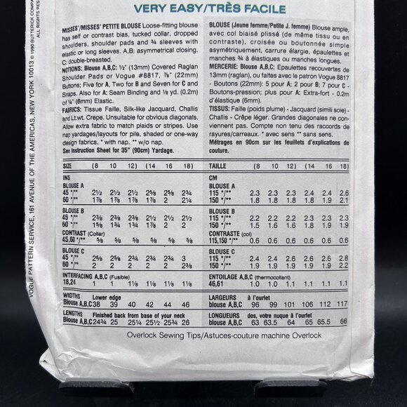 Very Easy Very Vogue 7948 “Petite Blouse” (14-16-18) Sewing Pattern Uncut FF - Picture 4 of 5